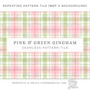 May include: Pink and green gingham seamless pattern tile. The design features a repeating pattern of intersecting lines in pink, green, and white. The text "PINK & GREEN GINGHAM" is displayed on a white rectangle.