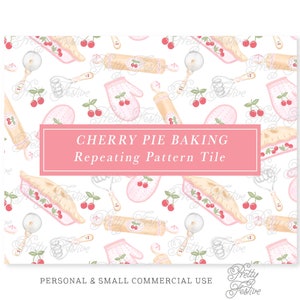 Cherry Pie, Cherries, Cosy Baking Seamless Repeating Pattern Tile, Fall Baking fabric print, Pretty Autumn Repeating Pattern 062