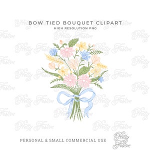 Pastel Ribbon Bow Tied Floral Bouquet Clipart, Cardmaking, Sublimation Print, Monogram Stationery, Personalized Notecards, Menu Cards 064