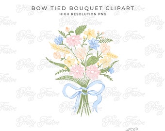 Pastel Ribbon Bow Tied Floral Bouquet Clipart, Cardmaking, Sublimation Print, Monogram Stationery, Personalized Notecards, Menu Cards 064