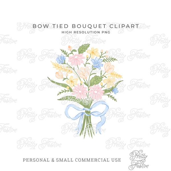 Pastel Ribbon Bow Tied Floral Bouquet Clipart, Cardmaking, Sublimation Print, Monogram Stationery, Personalized Notecards, Menu Cards 064