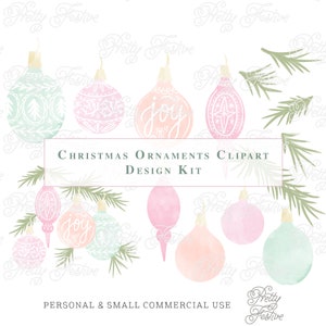 Pastel Christmas Watercolor Ornaments & Fir Clipart Set, Grand Millennial Monogram, Sublimation, Greeting Cards, Personalised Stationery 070