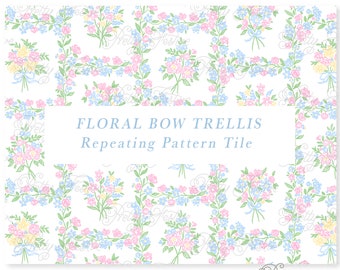 Floral Bouquet Bow Trellis Seamless Repeating Pattern, Block Print Preppy Heirloom Pattern for fabric, personalized stationery 126