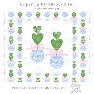 Valentines Pink Grandmillennial Topiary Clipart and Paper Kit, Gingham Bow, Boxwood Heart, Valentines Chinoiserie Red, for cards, tags 107