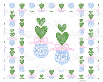 Valentines Pink Grandmillennial Topiary Clipart and Paper Kit, Gingham Bow, Boxwood Heart, Valentines Chinoiserie Red, for cards, tags 107