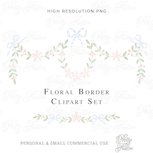 Blue Watercolour Bow & Rose Greenery Frame Clipart Set, Preppy Monogram crest, Block Print Grandmillenial Ribbon Wreath Design 084