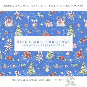 Christmas Watercolor Seamless Pattern in Coastal Blue, Illustrated Xmas Tree, Gifts, Candy, Florals Preppy Fabric Print, Grand Millenial 144