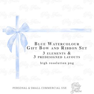 Watercolor Blue Bow Gift Ribbon Digital Overlay Clip art, set of 6 Christmas gift bows png, Pastel Christmas cards, holiday photo cards 080