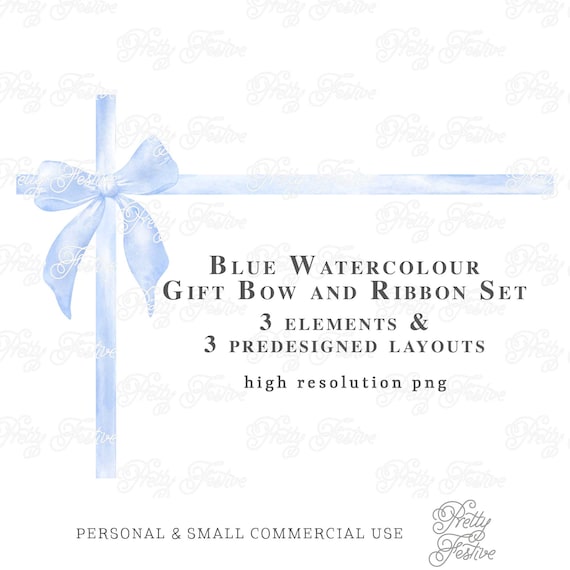 Watercolor Blue Bow Gift Ribbon Digital Overlay Clip Art, Set of 6