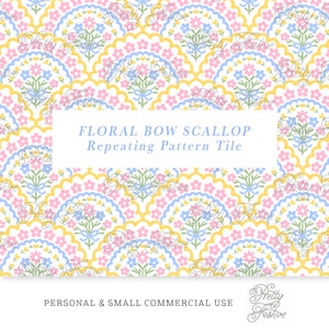 Floral Bow Rainbow Scallop Seamless Repeating Pattern Tile, Ditsy Scalloped Preppy Heirloom Pattern fabric print, DIY stationery 150