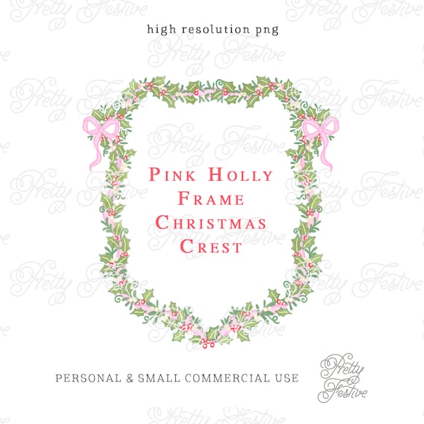 Pink Ribbon Christmas Crest Clipart, Pink Bows & Greenery Holly Berries, Christmas Swags Ribbon, Grandmilennial Preppy Christmas Crest 097