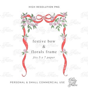 Red Christmas Bow Frame with Pink Floral Preppy Swags, Grand Millennial Xmas, 5x7 Personalised Holiday Photo cards, Monogram Stationery 161