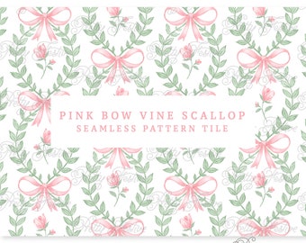 Pink Rose & Bow Scallop Trellis Block Print Preppy Seamless Repeating Pattern, Preppy Heirloom fabric print, personalized stationery 065