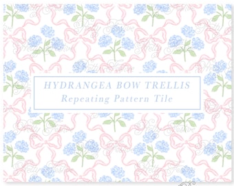 Blue Hydrangea & Pink Bow Trellis Seamless Pattern. Heirloom Vintage Pink Bow. Hand Drawn for fabric, personalized stationery, gift wrap 127