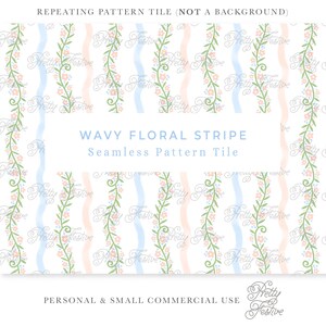 Blue Peach Scalloped Stripe Block Print Seamless Repeating Pattern, Preppy Floral Vine, Heirloom Print for fabric, stationery 155