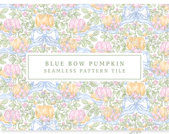 Blue Bow Pink Pumpkin Floral Seamless Repeat Pattern, Heirloom Girls Fall Fabric Print, Preppy Grand Millennial 159