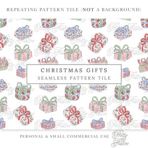 Vintage Christmas Gifts Seamless Pattern, Grand Millennial Christmas Presents Repeat Pattern Tile, Chinoiserie, Poinsettia 157