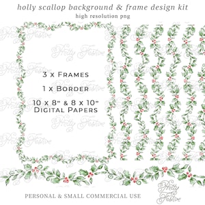 Christmas Holly Scalloped Green Frame Border Background Paper Design Set clipart, holly garland swag for holiday invitations 146