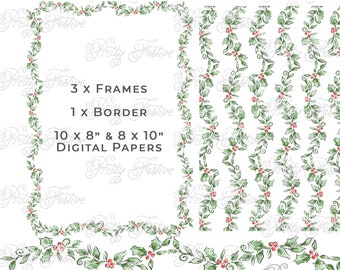 May include: A digital paper pack featuring 10 8x10 inch and 8x10 inch digital papers, 3 frames, and 1 border, all with a holly and berry design. The design is in a watercolor style with green leaves and red berries.