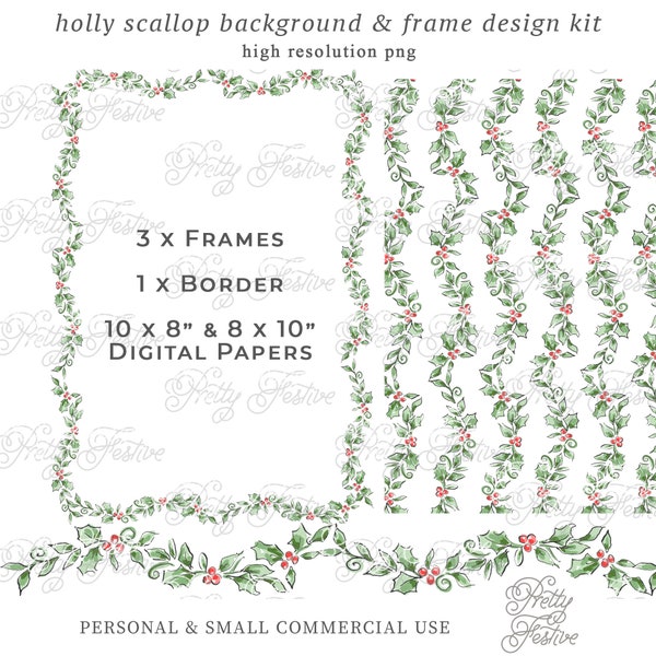 Christmas Holly Scalloped Green Frame Border Background Paper Design Set clipart, holly garland swag for holiday invitations 146