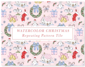 Pink Christmas Preppy Repeating Pattern, Christmas Cottage, Snowman, Wreath, Stocking, Gifts Seamless, Blue Pink Grandmillennial 139