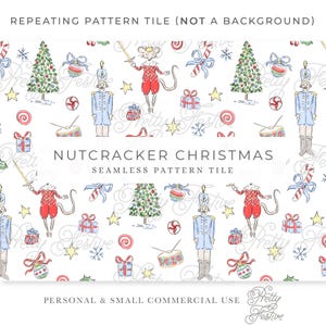 May include: A repeating pattern tile featuring watercolor illustrations of Christmas elements. The design includes nutcrackers, mice, Christmas trees, gifts, candy canes, and ornaments in red, blue, and green on a white background. Text reads "Nutcracker Christmas".