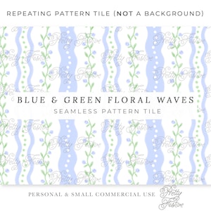 Blue & Green Floral Scallop Wavy Block Print Preppy Seamless Repeating Pattern File Heirloom Pattern for fabric, personalized stationery 171
