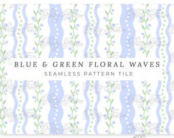 Blue & Green Floral Scallop Wavy Block Print Preppy Seamless Repeating Pattern File Heirloom Pattern for fabric, personalized stationery 171