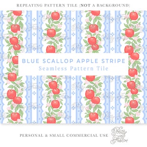 Preppy Blue Scalloped Red Apple Floral Stripe School Days Seamless Repeating Pattern , Grandmillennial Heirloom, First Day of School 156