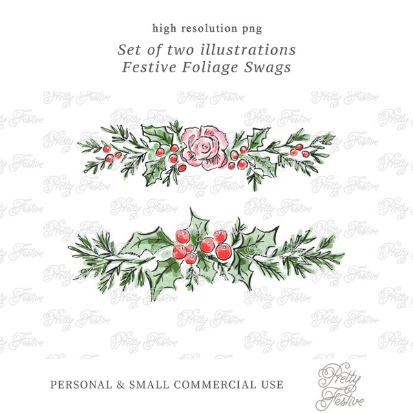 Christmas Foliage Fir Garland Swags clipart illustrations, Holly, Berries, Pink Roses, Preppy Grandmillenial Festive Border, Chinoiserie 145