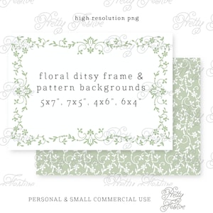 GREEN & WHITE wedgwood style floral frame and background 5x7 png clipart, Ditsy block pattern, Invitations, monogram stationery 045