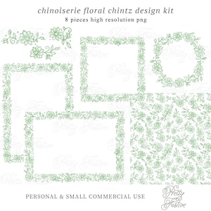 Green Chinoiserie Chintz Floral Block Print Frames Wreath Digital Paper & Clipart set, watercolor printable wreath Preppy Grandmillenial 138