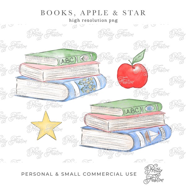 Preppy School Books, Apple and Star,First Day of School, Grandmillennial Heirloom, Teacher Gifts, monogram stationery 156