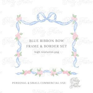 Blue Bows & Rose Swags Ribbon frame border set, Grandmilennial Border Clipart Frame, 5x7 Personalised Photo cards, Monogram Stationery 148