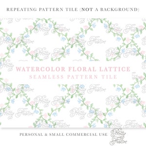Blue and Peach Floral Trellis Lattice Vine Repeating Seamless Pattern Tile, Watercolor Block Print Pattern 081