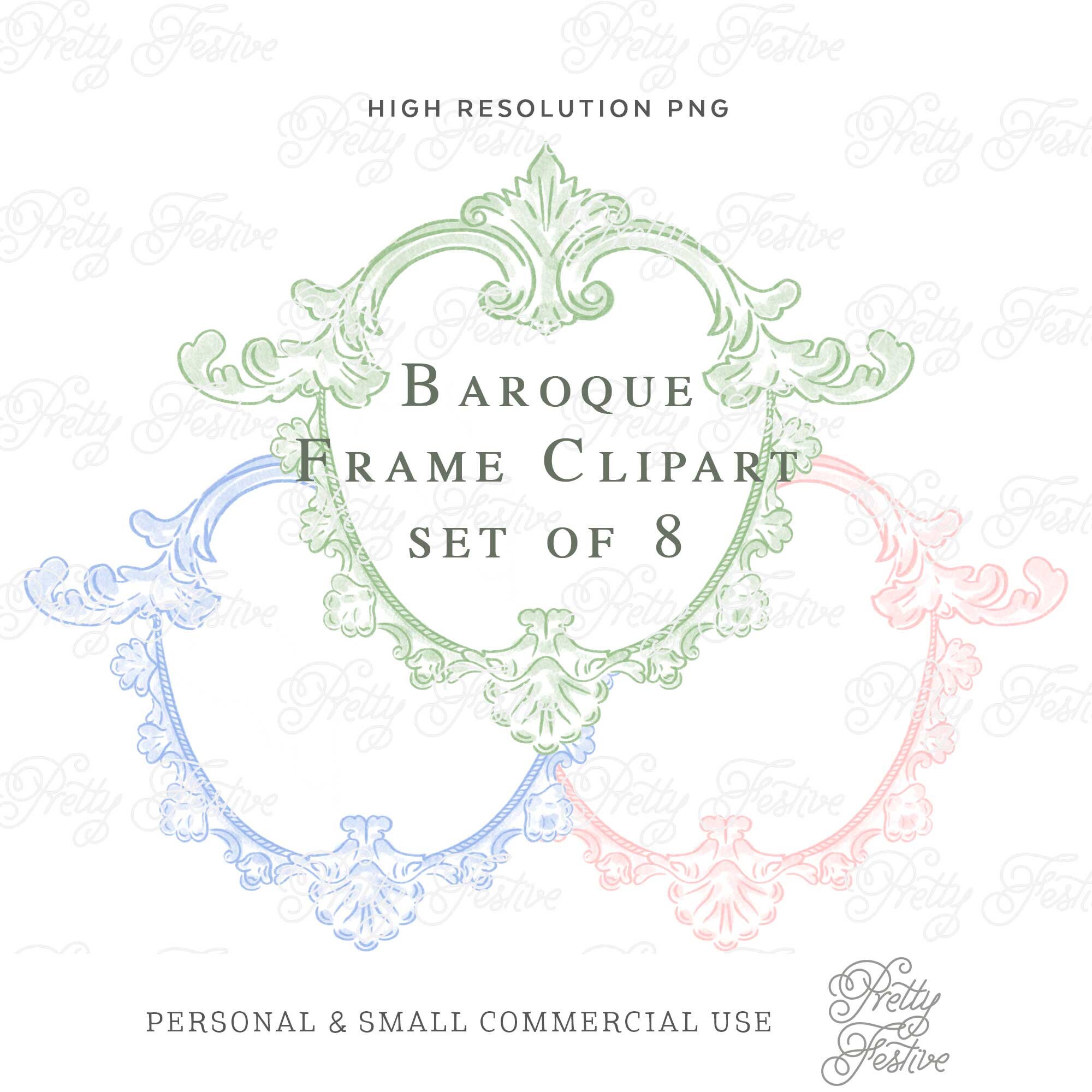 Rococo Baroque Frame Clipart, Set of 8, Wedding Wreath Frame Clipart Set, Stationery Design, Printable Paper Goods, Monogrammed Gifts 098