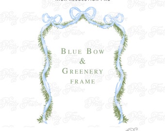 Preppy Christmas Blue Bows & Swags Ribbon Boxwood Border Clipart Frame for 5x7 Personalised Photo Holiday cards, Monogram Stationery, 074
