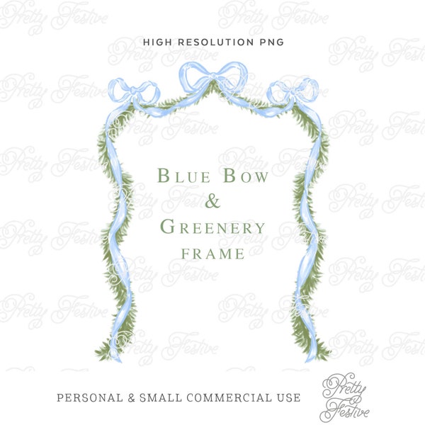 Preppy Christmas Blue Bows & Swags Ribbon Boxwood Border Clipart Frame for 5x7 Personalised Photo Holiday cards, Monogram Stationery, 074