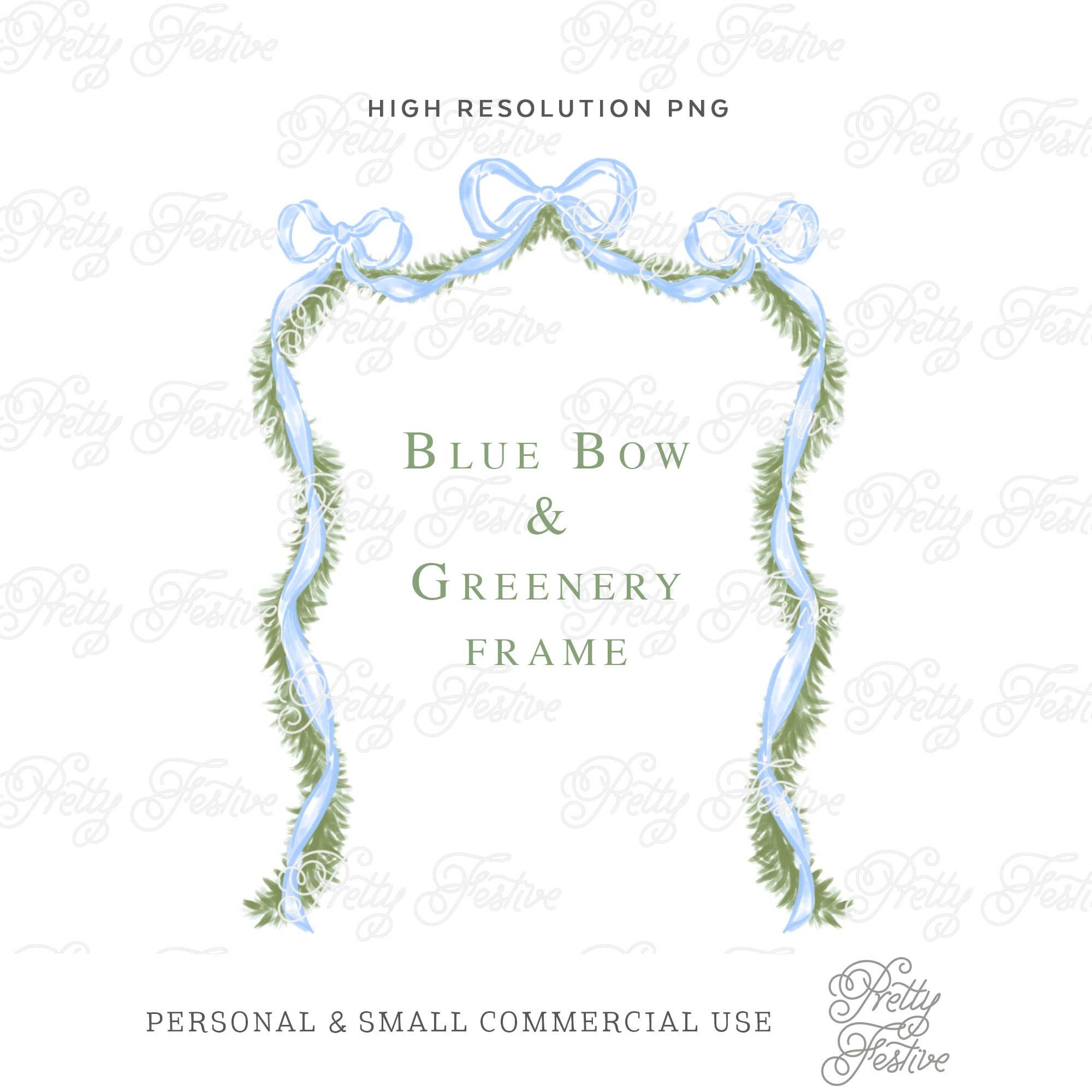 Preppy Christmas Blue Bows & Swags Ribbon Boxwood Border Clipart Frame for 5x7 Personalised Photo Holiday cards, Monogram Stationery, 074