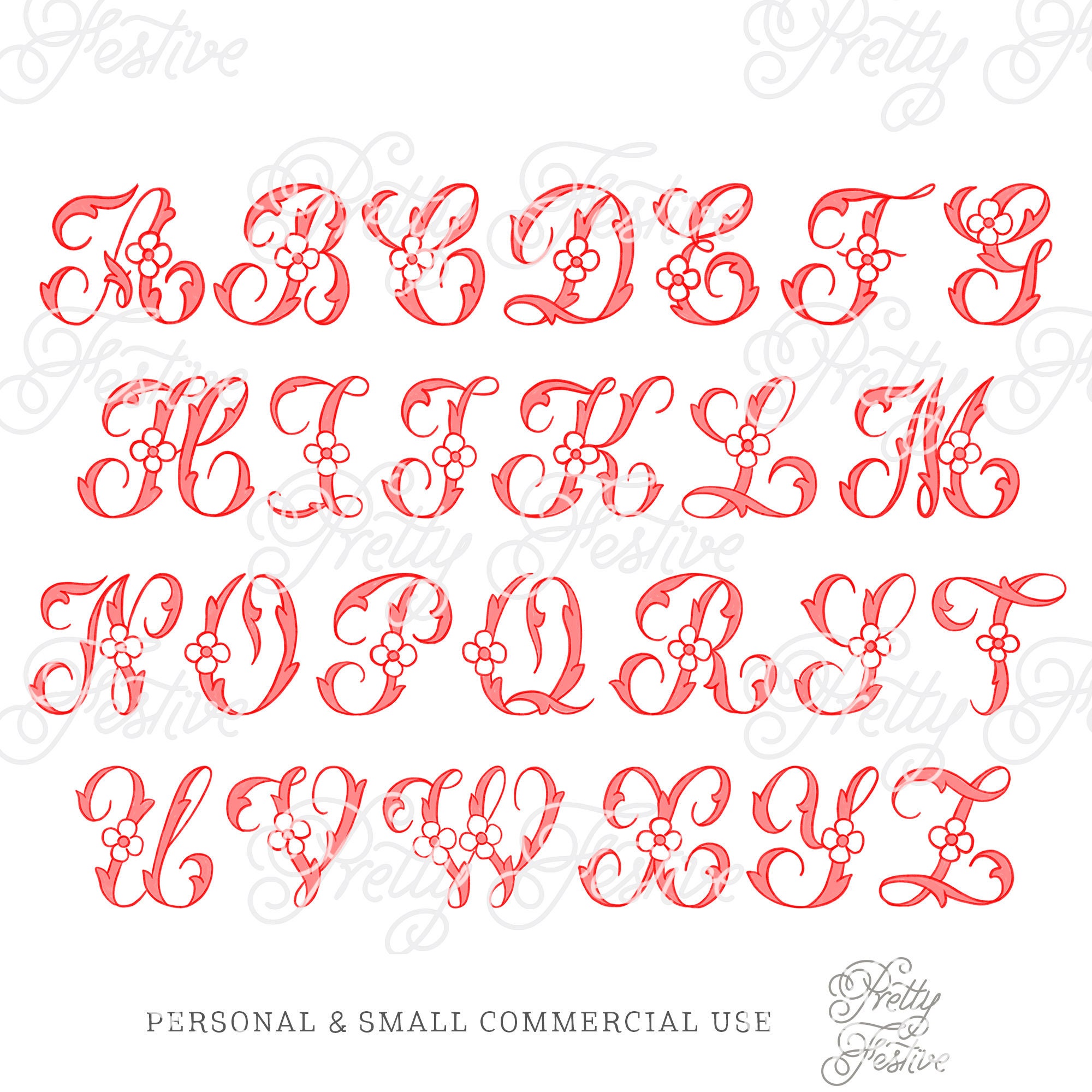 Red Floral ALPHABET Christmas Watercolor Clipart Hand Drawn. 26 Letters ...