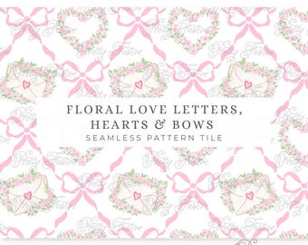 Soft Pink Watercolor Valentines Love Letter Bow Trellis Floral Hearts Repeating Seamless Pattern Tile Block Print Pattern 166