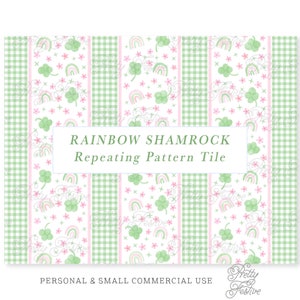 Peut inclure: Un motif de tuile répété sans couture avec des trèfles verts, des arcs-en-ciel roses et verts et du vichy blanc. Le texte "Rainbow Shamrock Repeating Pattern Tile" est affiché dans une boîte blanche.