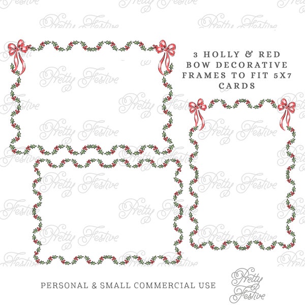 Christmas Red Bow Scalloped Frame Set of 3, Holly Berries, Scallop Border Ribbon Printable, Holiday cards stationery 139