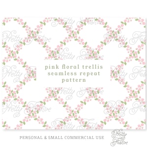 Peut inclure: Un motif sans couture représentant un treillis floral rose sur fond blanc. Le texte "pink floral trellis seamless repeat pattern" est écrit en vert sur un rectangle blanc au centre de l'image. Le texte "PERSONAL & SMALL COMMERCIAL USE" est écrit en noir en bas de l'image. Le texte "Pretty Festive" est écrit en cursive noire avec un motif floral rose en bas à droite de l'image.