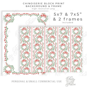 Christmas Chinoiserie Block Print & Frame 7x5, Watercolor Red and Green Printable Border Background Pattern, Preppy Grandmillenial 123