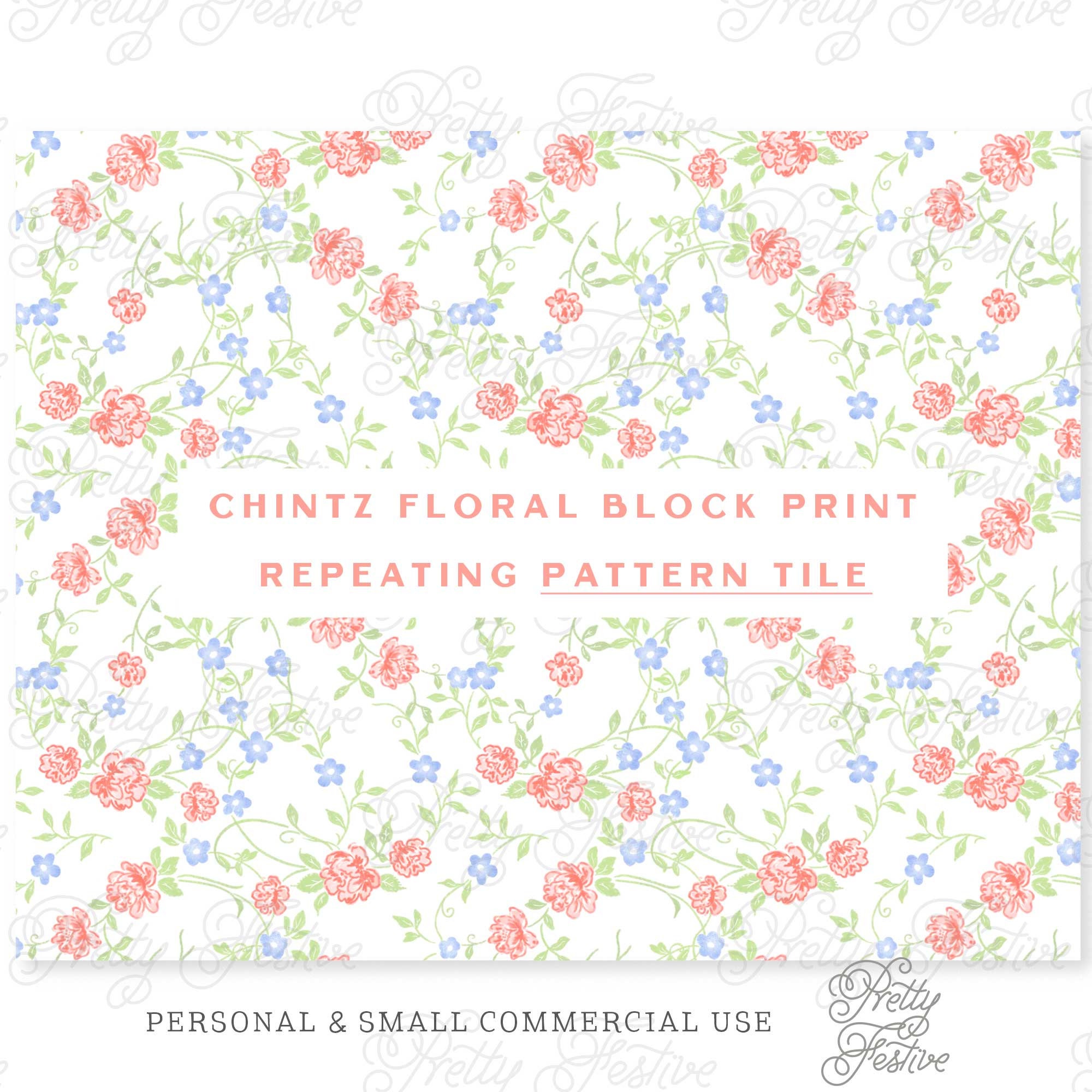 Peach and Blue Floral Repeating Pattern, Chintz Trellis Block Print ...