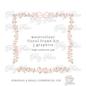 5 watercolor clipart pink rose border & frames set, floral flourish wreath for invitations, personalised cards, stationery, printables 039