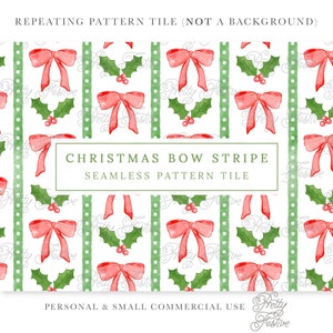 Red & Green Christmas Bow Holly Stripe Block Print Repeating Seamless Pattern, Preppy Grand Millennial Christmas Fabric Print Pattern 047