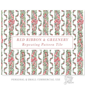 Christmas Red Ribbon Bows Holly & Greenery Grand Millennial Heirloom Seamless Repeating Pattern Tile Fabric Print, Holiday Stationery  139