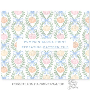 Pumpkin Bow Block print Seamless Repeating Pattern Tile, Fall Pumpkin fabric print, Pretty Autumn Repeating Pattern, Preppy Fall Pattern 092